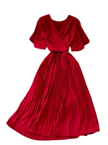 Minetom Plisseekleid Cocktailkleid Damen Elegant V-Ausschnitt Kurzarm Elegant Festliches Kleid Lang Abend Party Ballkleid Freizeitkleid B Rot Einheitsgröße von Minetom