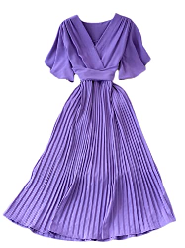 Minetom Plisseekleid Cocktailkleid Damen Elegant V-Ausschnitt Kurzarm Elegant Festliches Kleid Lang Abend Party Ballkleid Freizeitkleid B Violett Einheitsgröße von Minetom