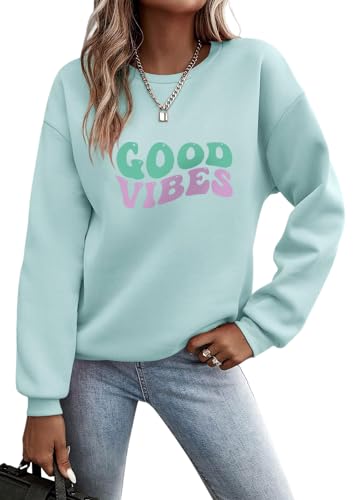 Minetom Pullover Damen Herbst Sweatshirt Briefe Drucken Langarm Rundhals Pulli Locker Casual Oberteil Sport Streetwear Sweatshirt ohne Kapuze Herbst Winter Outfit Frauen B Hellgrün M von Minetom