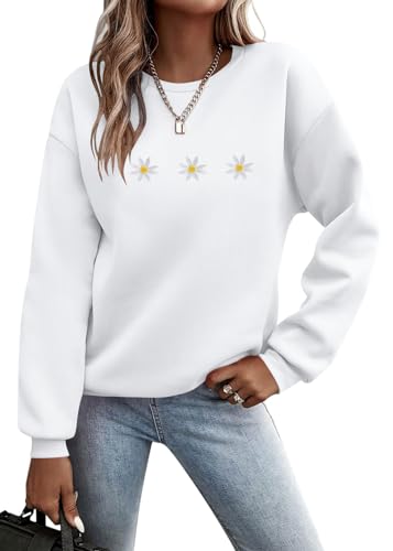 Minetom Pullover Damen Herbst Sweatshirt Muster Drucken Langarm Rundhals Pulli Locker Casual Oberteil Sport Streetwear Sweatshirt ohne Kapuze Herbst Winter Outfit Frauen C Weiß M von Minetom