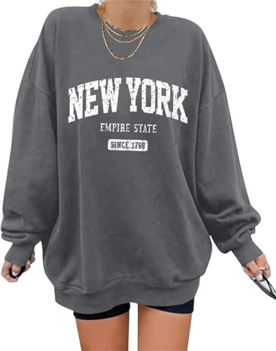 Minetom Pullover Damen Herbst Sweatshirt ohne Kapuze Los Angeles Vintage Drucken Oversized Langarmshirt Rundhals Pulli Oberteile Tops übergroße D Grau L von Minetom
