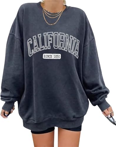 Minetom Pullover Damen Herbst Sweatshirt ohne Kapuze Los Angeles Vintage Drucken Oversized Langarmshirt Rundhals Pulli Oberteile Tops übergroße E Blau XXL von Minetom