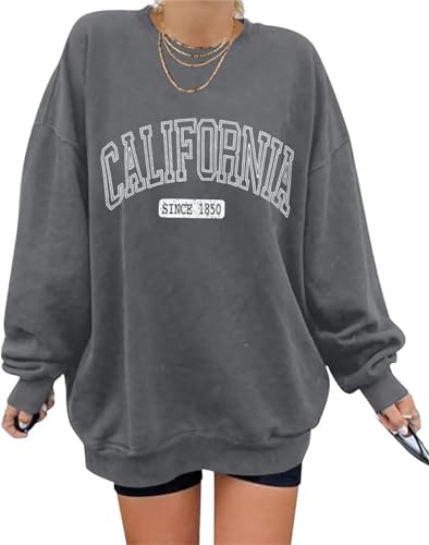 Minetom Pullover Damen Herbst Sweatshirt ohne Kapuze Los Angeles Vintage Drucken Oversized Langarmshirt Rundhals Pulli Oberteile Tops übergroße E Grau M von Minetom