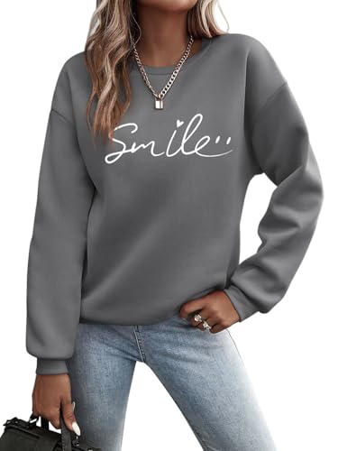 Minetom Pullover Damen Herbst Winter Sweatshirt Rundhals Langarm Pulli Frauen Oberteil Sweatshirts ohne Kapuze B Dunkelgrau M von Minetom