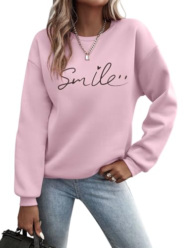 Minetom Pullover Damen Herbst Winter Sweatshirt Rundhals Langarm Pulli Frauen Oberteil Sweatshirts ohne Kapuze B Rosa L von Minetom