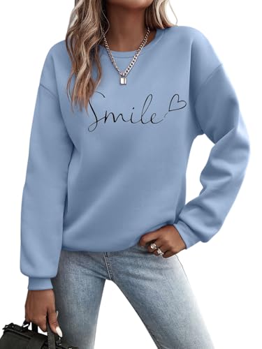 Minetom Pullover Damen Herbst Winter Sweatshirt Rundhals Langarm Pulli Frauen Oberteil Sweatshirts ohne Kapuze Tops Locker Casual Langarmshirt A Blau XXL von Minetom