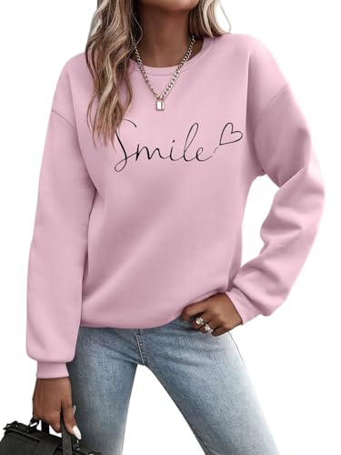 Minetom Pullover Damen Herbst Winter Sweatshirt Rundhals Langarm Pulli Frauen Oberteil Sweatshirts ohne Kapuze Tops Locker Casual Langarmshirt A Rosa M von Minetom