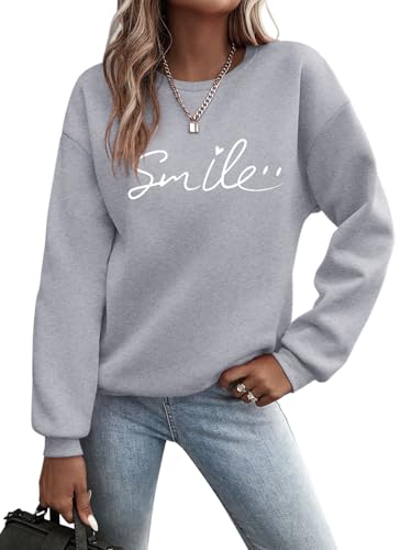 Minetom Pullover Damen Herbst Winter Sweatshirt Rundhals Langarm Pulli Frauen Oberteil Sweatshirts ohne Kapuze Tops Locker Casual Langarmshirt B Grau XS von Minetom