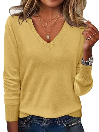 Minetom Pullover Damen Langarm V Ausschnitt Strickpullover Herbst Winter Casual Elegant Pulli Warm Oberteile Sweater A Gelb L von Minetom