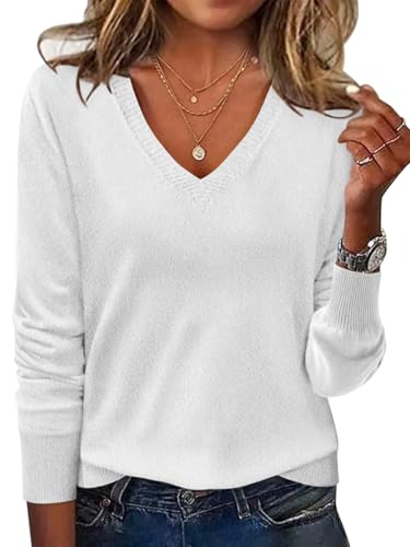 Minetom Pullover Damen Langarm V Ausschnitt Strickpullover Herbst Winter Casual Elegant Pulli Warm Oberteile Sweater A Weiß XXL von Minetom