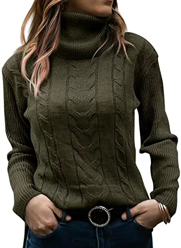 Minetom Pullover Damen Strickpullover Langarm Rollkragen Feinstrick Häkelpullover Elegante Lässige Lose Rollkragenpullover Einfarbig Casual Pulli Oberteile Stricktop Pullover Sweater A Armeegrün XL von Minetom
