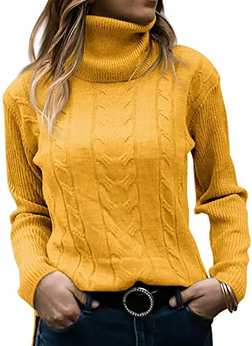 Minetom Pullover Damen Strickpullover Langarm Rollkragen Feinstrick Häkelpullover Elegante Lässige Lose Rollkragenpullover Einfarbig Casual Pulli Oberteile Stricktop Pullover Sweater A Gelb L von Minetom