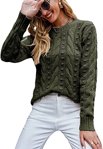 Minetom Pullover Damen Strickpullover Langarm Rundhals Feinstrick Häkelpullover Elegante Lässige Lose Einfarbig Casual Pulli Oberteile Stricktop Pullover Sweater A Armeegrün S von Minetom