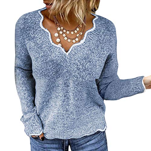 Minetom Pullover Damen Strickpullover V Ausschnitt Freizeit Elegant Sweater Sweatshirt Langarmshirt Herbst und Winter Warm Strickpullover Blau 40 von Minetom