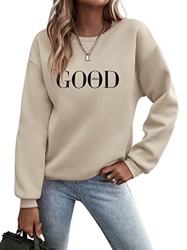 Minetom Pullover Damen Sweatshirt Briefe Drucken Langarm Rundhals Pulli Herbst Winter Frauen Buchstaben Druck Locker Casual Oberteil Sport Streetwear Sweatshirts ohne Kapuze Bluse Tops A Beige Lz von Minetom