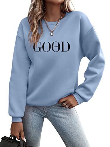 Minetom Pullover Damen Sweatshirt Briefe Drucken Langarm Rundhals Pulli Herbst Winter Frauen Buchstaben Druck Locker Casual Oberteil Sport Streetwear Sweatshirts ohne Kapuze Bluse Tops A Blau XL-a von Minetom