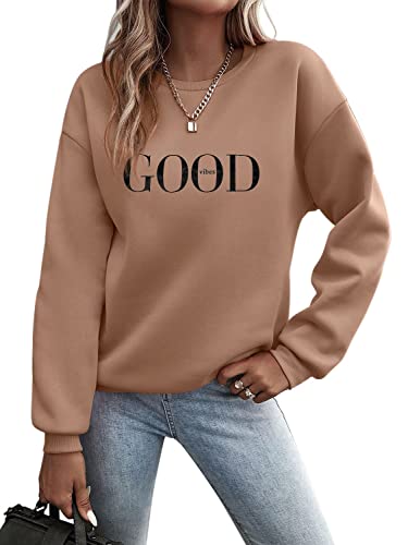 Minetom Pullover Damen Sweatshirt Briefe Drucken Langarm Rundhals Pulli Herbst Winter Frauen Buchstaben Druck Locker Casual Oberteil Sport Streetwear Sweatshirts ohne Kapuze Bluse Tops A Braun XL von Minetom