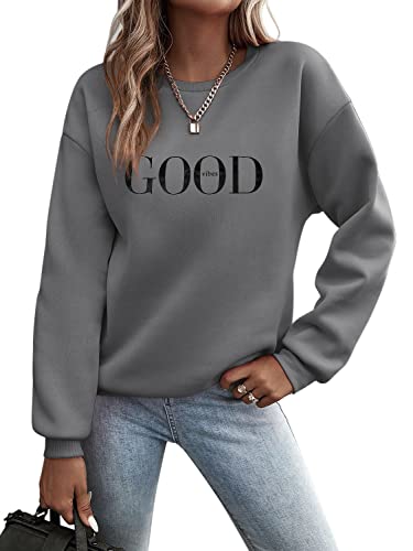 Minetom Pullover Damen Sweatshirt Briefe Drucken Langarm Rundhals Pulli Herbst Winter Frauen Buchstaben Druck Locker Casual Oberteil Sport Streetwear Sweatshirts ohne Kapuze Bluse Tops A Dunkelgrau XL von Minetom