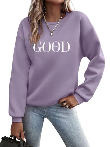 Minetom Pullover Damen Sweatshirt Briefe Drucken Langarm Rundhals Pulli Herbst Winter Frauen Buchstaben Druck Locker Casual Oberteil Sport Streetwear Sweatshirts ohne Kapuze Bluse Tops A Violett 2L z von Minetom