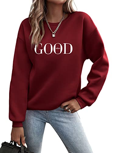 Minetom Pullover Damen Sweatshirt Briefe Drucken Langarm Rundhals Pulli Herbst Winter Frauen Buchstaben Druck Locker Casual Oberteil Sport Streetwear Sweatshirts ohne Kapuze Bluse Tops A Weinrot XL von Minetom