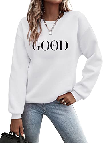 Minetom Pullover Damen Sweatshirt Briefe Drucken Langarm Rundhals Pulli Herbst Winter Frauen Buchstaben Druck Locker Casual Oberteil Sport Streetwear Sweatshirts ohne Kapuze Bluse Tops A Weiß Sz von Minetom