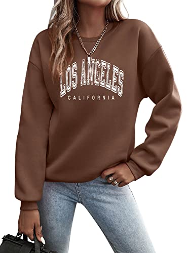 Minetom Pullover Damen Sweatshirt Briefe Drucken Langarm Rundhals Pulli Herbst Winter Frauen Buchstaben Druck Locker Casual Oberteil Sport Streetwear Sweatshirts ohne Kapuze Bluse Tops B Braun L von Minetom