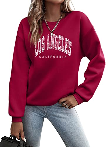 Minetom Pullover Damen Sweatshirt Briefe Drucken Langarm Rundhals Pulli Herbst Winter Frauen Buchstaben Druck Locker Casual Oberteil Sport Streetwear Sweatshirts ohne Kapuze Bluse Tops B Weinrot L von Minetom