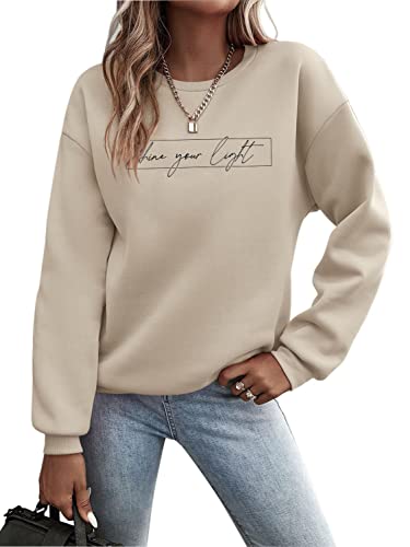 Minetom Pullover Damen Sweatshirt Briefe Drucken Langarm Rundhals Pulli Herbst Winter Frauen Buchstaben Druck Locker Casual Oberteil Sport Streetwear Sweatshirts ohne Kapuze Bluse Tops C Beige L von Minetom