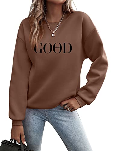 Minetom Pullover Damen Sweatshirt Briefe Drucken Langarm Rundhals Pulli Herbst Winter Frauen Buchstaben Druck Locker Casual Oberteil Sport Streetwear ohne Kapuze Bluse Tops A Dunkelbraun XS von Minetom