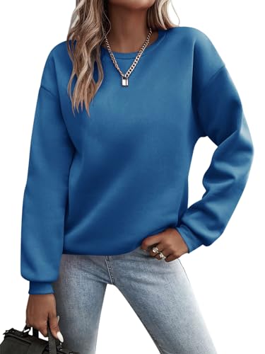 Minetom Pullover Damen Sweatshirt Einfarbige Langarm Rundhals Pulli Herbst Winter Frauen Locker Casual Oberteil Sport Streetwear Sweatshirts ohne Kapuze Langarmshirt B Blau XL von Minetom