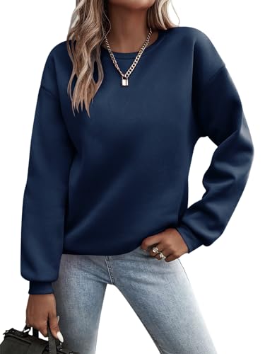 Minetom Pullover Damen Sweatshirt Einfarbige Langarm Rundhals Pulli Herbst Winter Frauen Locker Casual Oberteil Sport Streetwear Sweatshirts ohne Kapuze Langarmshirt B Dunkelblau M von Minetom