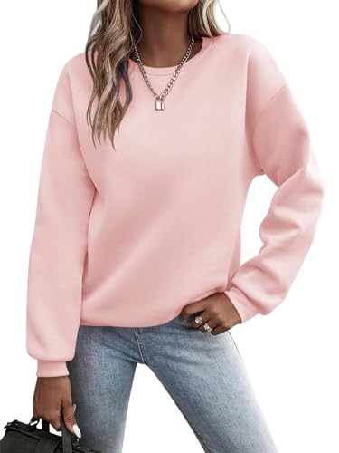 Minetom Pullover Damen Sweatshirt Einfarbige Langarm Rundhals Pulli Herbst Winter Frauen Locker Casual Oberteil Sport Streetwear Sweatshirts ohne Kapuze LangarmshirtB RosaM von Minetom