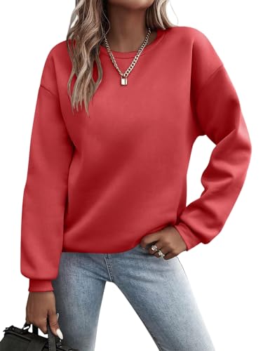 Minetom Pullover Damen Sweatshirt Einfarbige Langarm Rundhals Pulli Herbst Winter Frauen Locker Casual Oberteil Sport Streetwear Sweatshirts ohne Kapuze LangarmshirtB RotL von Minetom