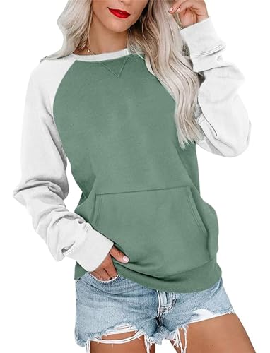 Minetom Pullover Damen Sweatshirt Farbblock Langarm Rundhals Pulli Herbst Winter Frauen Locker Casual Oberteil Sport Streetwear Sweatshirts ohne Kapuze Bluse Tops B Grün M von Minetom