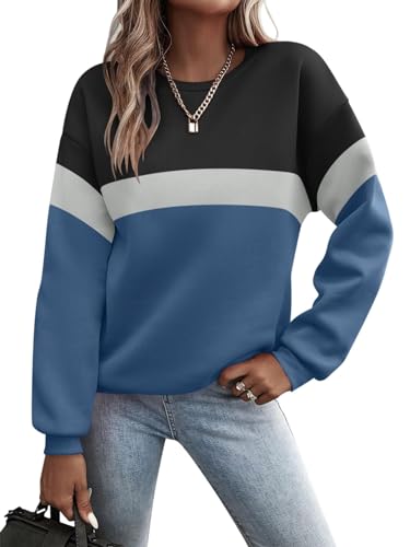 Minetom Pullover Damen Sweatshirt Farbblock Langarm Rundhals Pulli Herbst Winter Frauen Locker Casual Oberteil Sport Streetwear Sweatshirts ohne Kapuze Langarmshirt A Blau M von Minetom