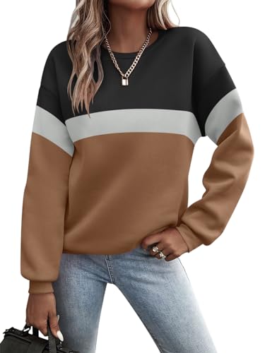 Minetom Pullover Damen Sweatshirt Farbblock Langarm Rundhals Pulli Herbst Winter Frauen Locker Casual Oberteil Sport Streetwear Sweatshirts ohne Kapuze Langarmshirt A Braun L z von Minetom
