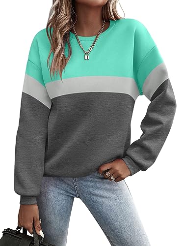 Minetom Pullover Damen Sweatshirt Farbblock Langarm Rundhals Pulli Herbst Winter Frauen Locker Casual Oberteil Sport Streetwear Sweatshirts ohne Kapuze Langarmshirt A Dunkelgrau XXL von Minetom