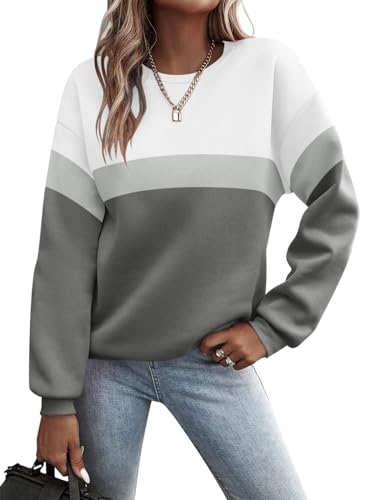 Minetom Pullover Damen Sweatshirt Farbblock Langarm Rundhals Pulli Herbst Winter Frauen Locker Casual Oberteil Sport Streetwear Sweatshirts ohne Kapuze Langarmshirt A Grau-Weiß L von Minetom