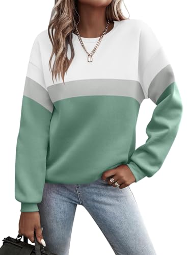 Minetom Pullover Damen Sweatshirt Farbblock Langarm Rundhals Pulli Herbst Winter Frauen Locker Casual Oberteil Sport Streetwear Sweatshirts ohne Kapuze Langarmshirt A Grün M von Minetom