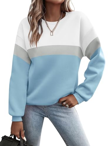 Minetom Pullover Damen Sweatshirt Farbblock Langarm Rundhals Pulli Herbst Winter Frauen Locker Casual Oberteil Sport Streetwear Sweatshirts ohne Kapuze Langarmshirt A Hellblau L z von Minetom