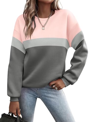 Minetom Pullover Damen Sweatshirt Farbblock Langarm Rundhals Pulli Herbst Winter Frauen Locker Casual Oberteil Sport Streetwear Sweatshirts ohne Kapuze Langarmshirt A Rosa-Grau M von Minetom