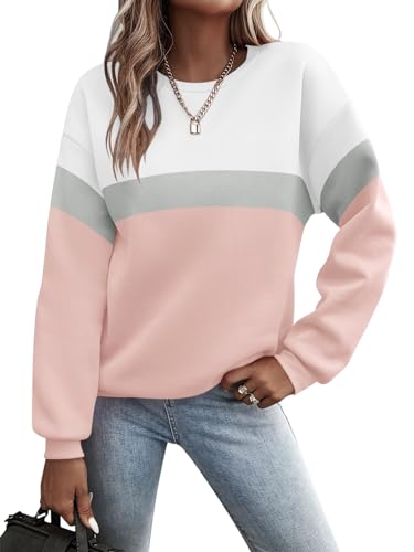 Minetom Pullover Damen Sweatshirt Farbblock Langarm Rundhals Pulli Herbst Winter Frauen Locker Casual Oberteil Sport Streetwear Sweatshirts ohne Kapuze Langarmshirt A Rosa L von Minetom