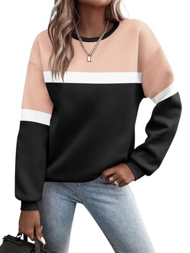 Minetom Pullover Damen Sweatshirt Farbblock Langarm Rundhals Pulli Herbst Winter Frauen Locker Casual Oberteil Sport Streetwear Sweatshirts ohne Kapuze Langarmshirt C Aprikose L von Minetom