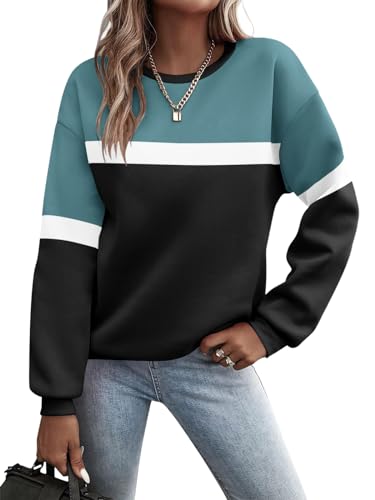 Minetom Pullover Damen Sweatshirt Farbblock Langarm Rundhals Pulli Herbst Winter Frauen Locker Casual Oberteil Sport Streetwear Sweatshirts ohne Kapuze Langarmshirt C Grün M von Minetom