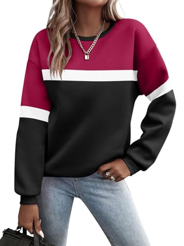 Minetom Pullover Damen Sweatshirt Farbblock Langarm Rundhals Pulli Herbst Winter Frauen Locker Casual Oberteil Sport Streetwear Sweatshirts ohne Kapuze Langarmshirt C Weinrot M von Minetom