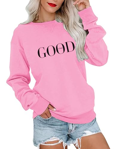 Minetom Pullover Damen Sweatshirt mit Liebe Drucken Langarm Rundhals Pulli Herbst Winter Frauen Locker Casual Oberteil Sport Streetwear Sweatshirts ohne Kapuze Bluse Tops A Rosa M von Minetom