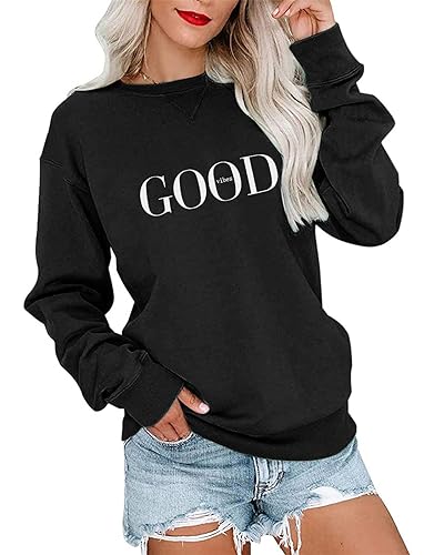 Minetom Pullover Damen Sweatshirt mit Liebe Drucken Langarm Rundhals Pulli Herbst Winter Frauen Locker Casual Oberteil Sport Streetwear Sweatshirts ohne Kapuze Bluse Tops A Schwarz M von Minetom