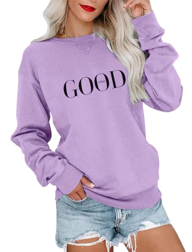 Minetom Pullover Damen Sweatshirt mit Liebe Drucken Langarm Rundhals Pulli Herbst Winter Frauen Locker Casual Oberteil Sport Streetwear Sweatshirts ohne Kapuze Bluse Tops A Violett L von Minetom