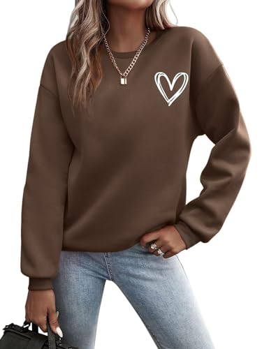 Minetom Pullover Damen Sweatshirt mit Liebe Drucken Langarm Rundhals Pulli Locker Casual Oberteil Sport Streetwear Sweatshirts ohne Kapuze Bluse Tops Herbst Winter Frauen A Braun M von Minetom