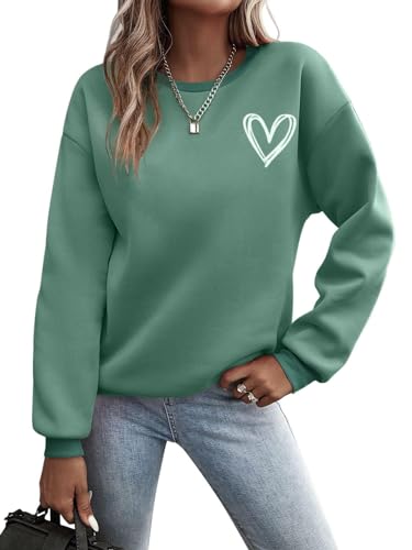 Minetom Pullover Damen Sweatshirt mit Liebe Drucken Langarm Rundhals Pulli Locker Casual Oberteil Sport Streetwear Sweatshirts ohne Kapuze Bluse Tops Herbst Winter Frauen A Grün L von Minetom